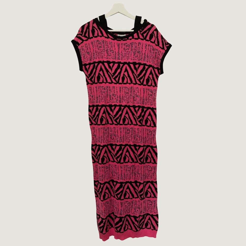 Macho Vintage Austria Pink Black Geometric Knit Maxi Sweater Dress Size 6 36 38